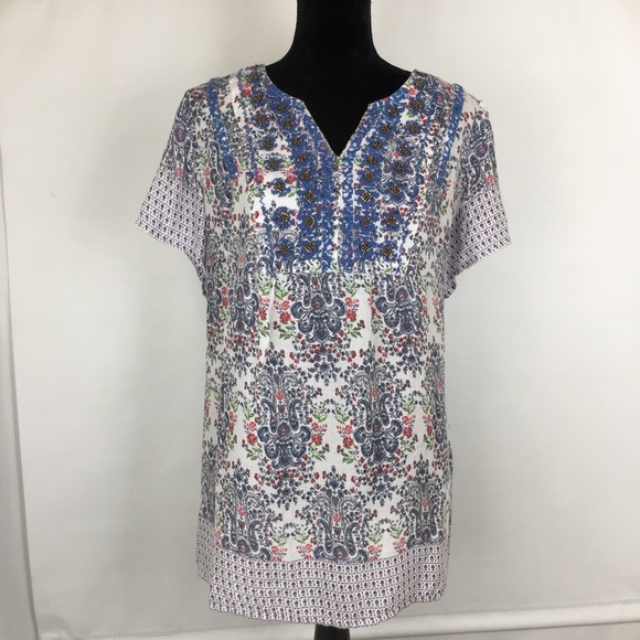 Intro Ditsy Floral Paisley Print Top Beaded V-Neck Women’s Size 2X Lightweight - Picture 13 of 13